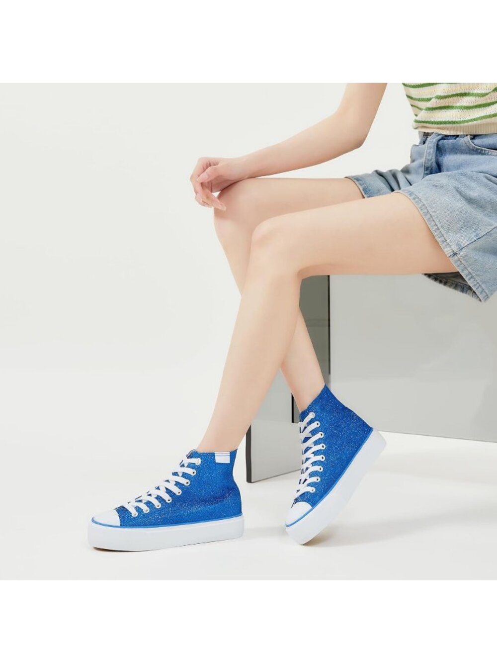 Women's Royal Blue Sparkly Bling Mid Calf Glitter Platform Fashion Sneakers - Picture 3 of 6